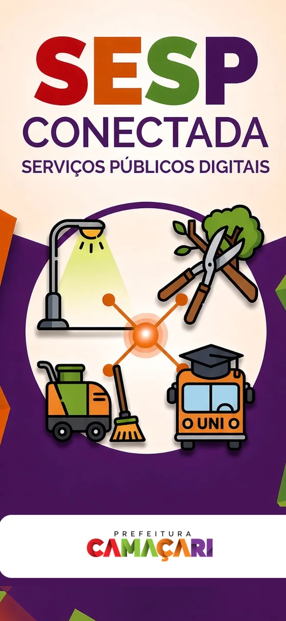Tela de abertura do SESP Conectada: a sigla SESP em vermelho, verde, laranja e roxo sobre a palavra CONECTADA, com o subtítulo Serviços públicos digitais, e ilustrações de um poste de iluminação, uma tesoura de poda, uma varredeira com vassoura e um ônibus universitário.