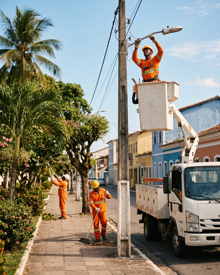 Equipes da SESP em uma rua de Camaçari: um eletricista troca a luminária de um poste a partir do cesto aéreo, enquanto dois trabalhadores varrem a calçada e podam uma árvore.